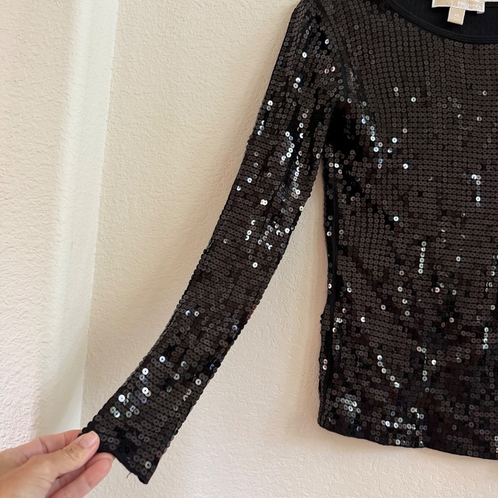 Michael Michael Kors Womens XS Black Sequin‎ Long Sleeve Crew Neck Top Sparkle - Picture 3 of 10